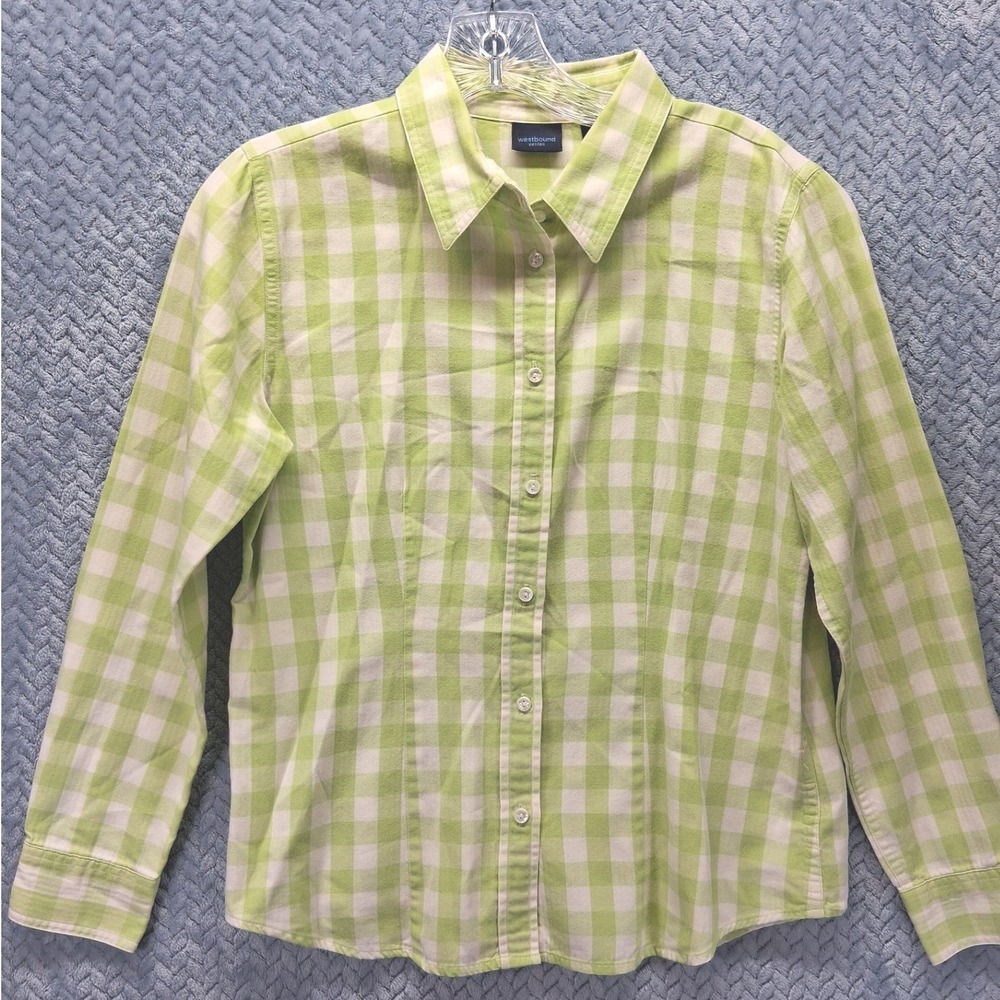 Westbound Petites Lime Green White Gingham Buffalo Check Button Down Shirt